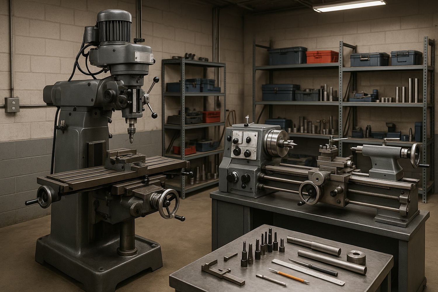 A machine Shop with manual mill and a lathe
